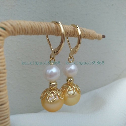 Royal AAA Natural South Sea Golen White Pearl Leverback Earrings 14k G P Vintage - Picture 2 of 6