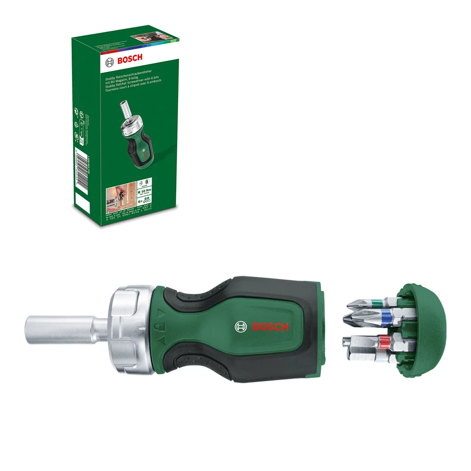 Bosch Stubby Ratchet Screwdriver 6 Bits, Powerful Fastening, Magnetic Bit Holder