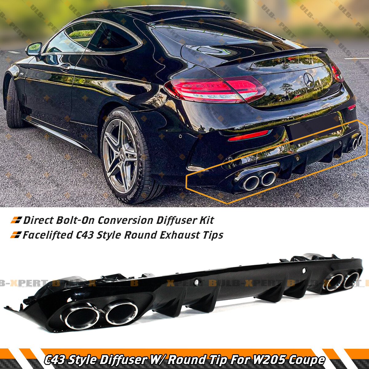 C43 STYLE BLK BUMPER DIFFUSER+CHROME ROUND EXHAUST TIPS FOR 15-21
