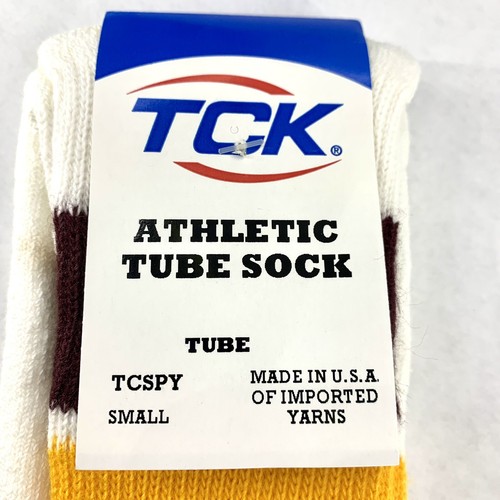 Vtg TCK Retro 3 Stripe Tube Sock Maroon Gold Yellow Cotton Nylon USA Adult Small - Picture 4 of 8