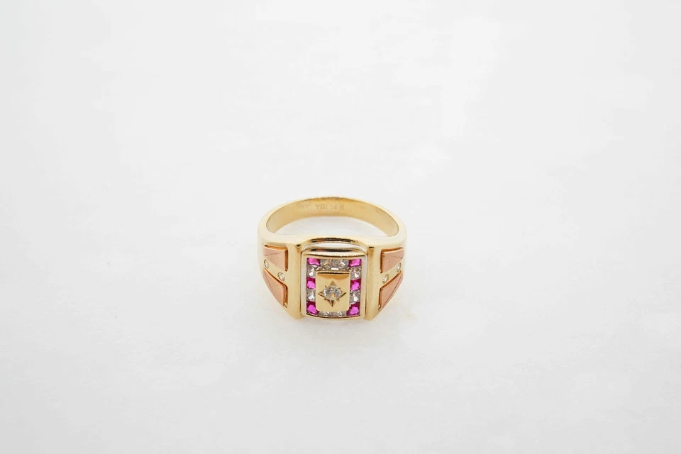 Anillo Pinky Estate Oro Multicolor 14k Para Hombre Rojo Blanco Piedras Preciosas Talla 11 Foto 4 de 4
