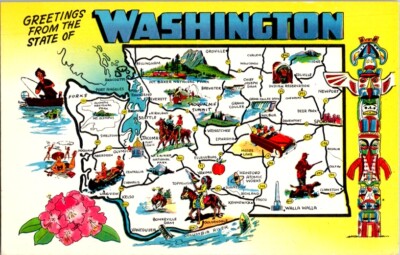 Postcard Greetings Washington State Map & Points of Interest WA Washington L-236