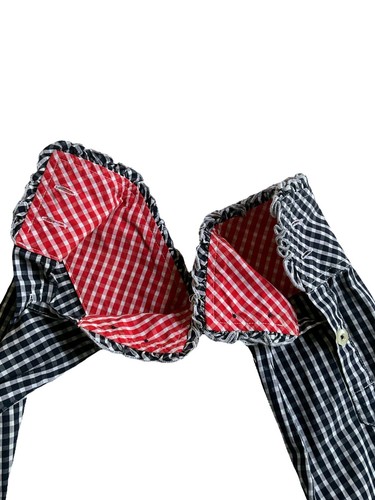 Lilly Pulitzer Blue White Gingham Plaid Button Up Red Contrast Cuff Ruffle SZ 0 - Picture 4 of 12