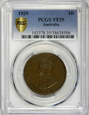 1925 AUSTRALIA , GEORGE V 1 PENNY COIN , SCARCE DATE, CERTIFIED PCGS VF-35 #506