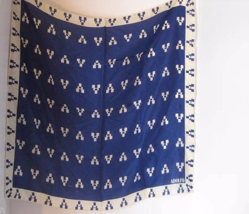Vintage Adolfo Silk Scarf large square blue white geometric old designer signed - Picture 2 of 8