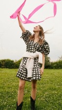 SEA NEW YORK Ginger Dress Puff Sleeve Abstract Print Ruffle V-neck Charcoal Sz S