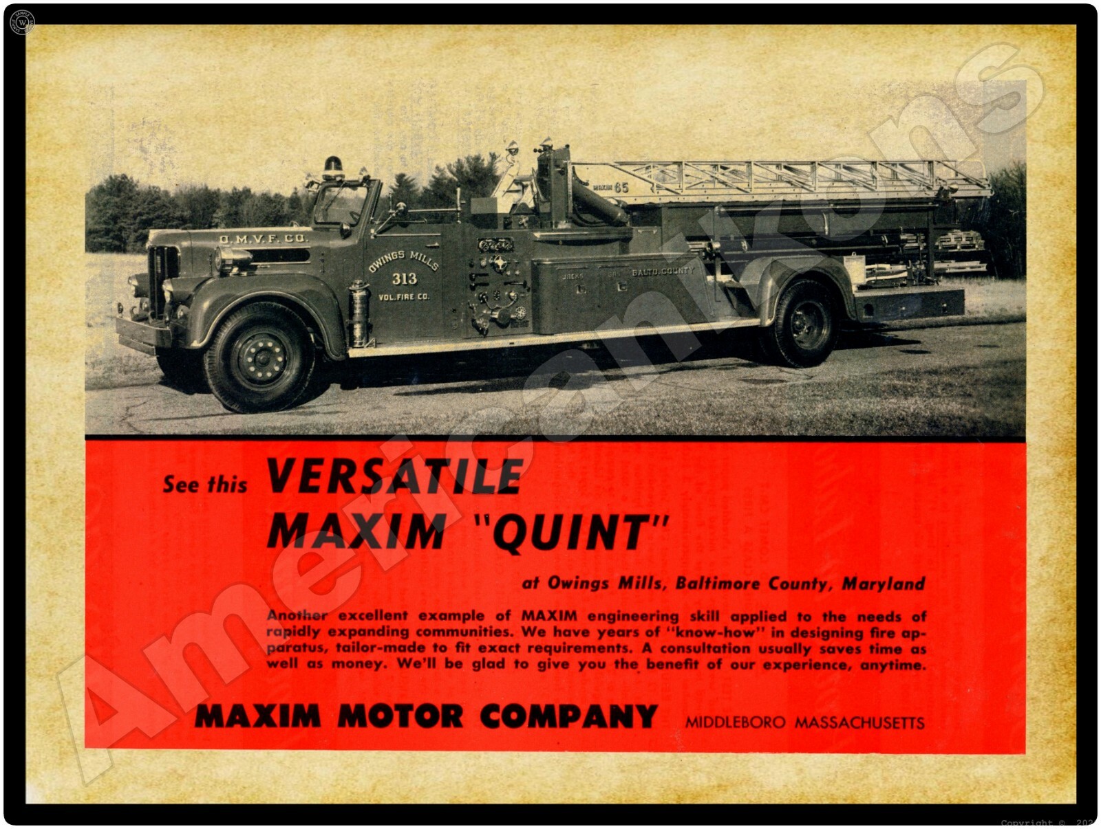 1957 Maxim Fire Trucks New Metal Sign Owings Mills Fire Dept., Baltimore Cty MD eBay