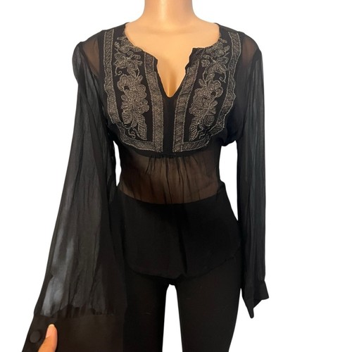Jonathan Martin Semi Sheer Black Blouse with Embroidered Detail Size Large - Picture 4 of 9