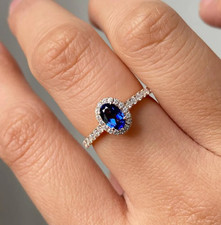 2CT Oval Blue Sapphire Halo Cubic Zirconia Pave Band Engagement Ring 925 Silver