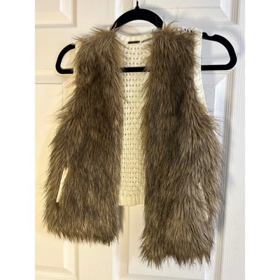 Poof Girls Faux Fur Vest Girls Sz 14 Sweater Knit Sleeveless Brown Cream Winter