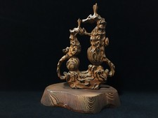 F0452 Japanese Wooden Curved Seahorse Doll Okimono Vintage Stand Interior
