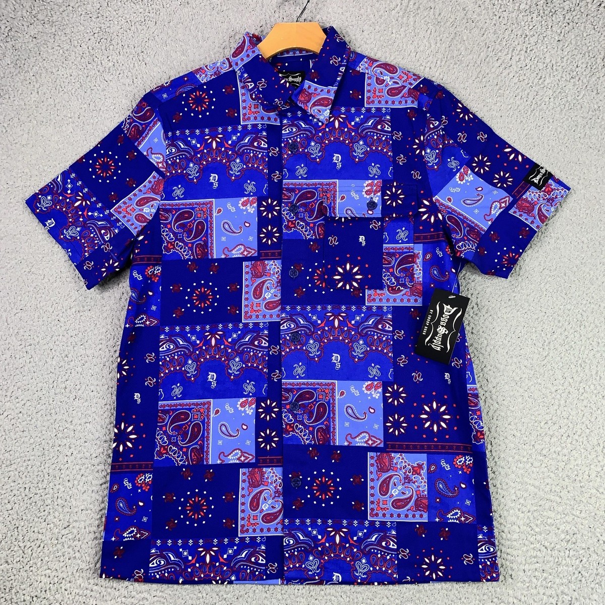 Dogg Supply Shirt Mens Medium Blue Bandana Paisley Print Button Up