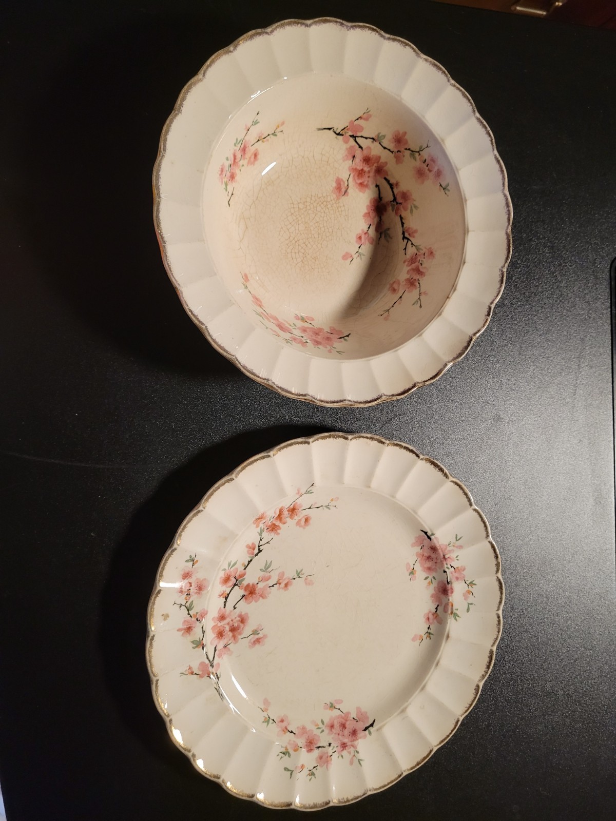 British Empire Wares Peach Blossom Warranted 22k Gold China Plate & Serving Bowl