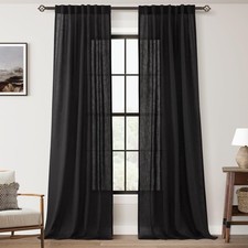 Black Linen Curtains 84 inches Long for Bedroom Back Tab Light Filtering Priv...