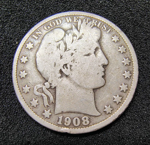 1908-D Barber Silver Half Dollar 50C - Denver Mint - 90% Silver - VG-F Cond.