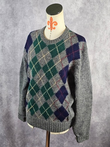 VTG 80s Hunt Run Men M 100% Shetland Wool Gray Knit Sweater Fisherman Argyle EUC - Picture 3 of 9