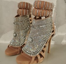Women Stiletto High Heel Open Toe Crystals Diamond Pave Ankle Strap Pump