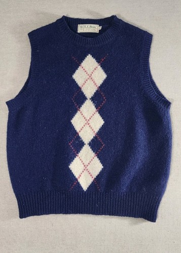 Vtg LL Bean Argyle Sweater Vest Womens Size 38 Blue 100% Pure Shetland Wool 80s