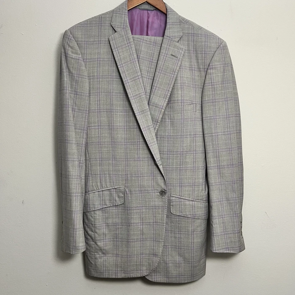 Traje de hombre talla 42R pantalones 34Wx32L Tom James a medida púrpura gris a cuadros 2 piezas Foto 2 de 4