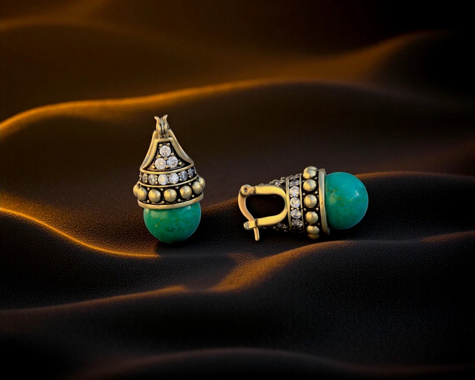 Goldene Dormeuse Ohrringe CZ Byzantin Echte Perle Türkis Retro ET9 - Bild 4 von 4