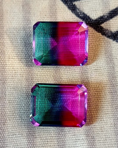29.65 CT Good Looking Emerald Cut BI-Multicolor Tourmaline Loose Gemstone 2 Pcs - Picture 2 of 5