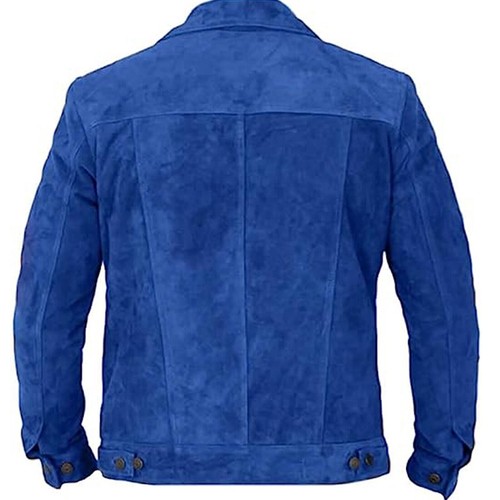 Men's Real Suede Leather Blue Trucker Jacket Fashion Biker Retro Buttoned Coat - Picture 2 of 8