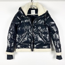 Sam Gigi Shiny Quilted Down Puffer Lamb Shearling Full Zip Jacket Coat Black Xs