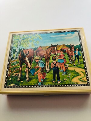 Vintage 16 Block Childrens Puzzle w Case West Germany Horse Farm Toy