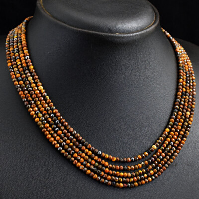 Faceted 213 Cts Earth Mined 5 Strand Golden Tiger Eye Beaded Necklace JK 35E293