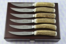 6 Six Genuine Stag/Antler Handle Steak Knives Sheffield England Cased