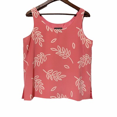 Ann May Womens M 100% Silk SleevelessTop Pink White Leaf Print