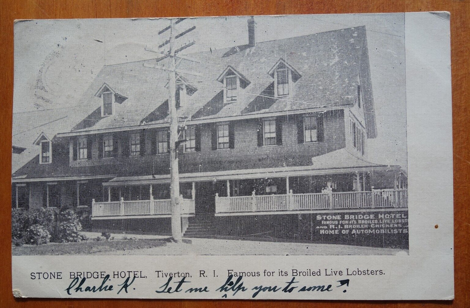 Stone Bridge Hotel Tiverton RHODE ISLAND postcard p/u 1908 INSTITUTO
