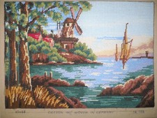 Gobelin WINDMILL ON LAKE Finished Handmade Completed Needlepoint Picture