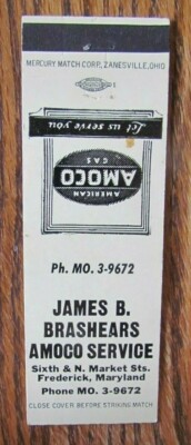 JAMES BRASHEARS AMOCO GAS STATION MATCHBOOK MATCHCOVER: FREDERICK, MARYLAND -E1