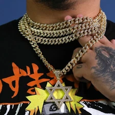 Large Star of David Pendant Cuban Cubic Zirconia Chain HipHop 18-24" Gold Plated