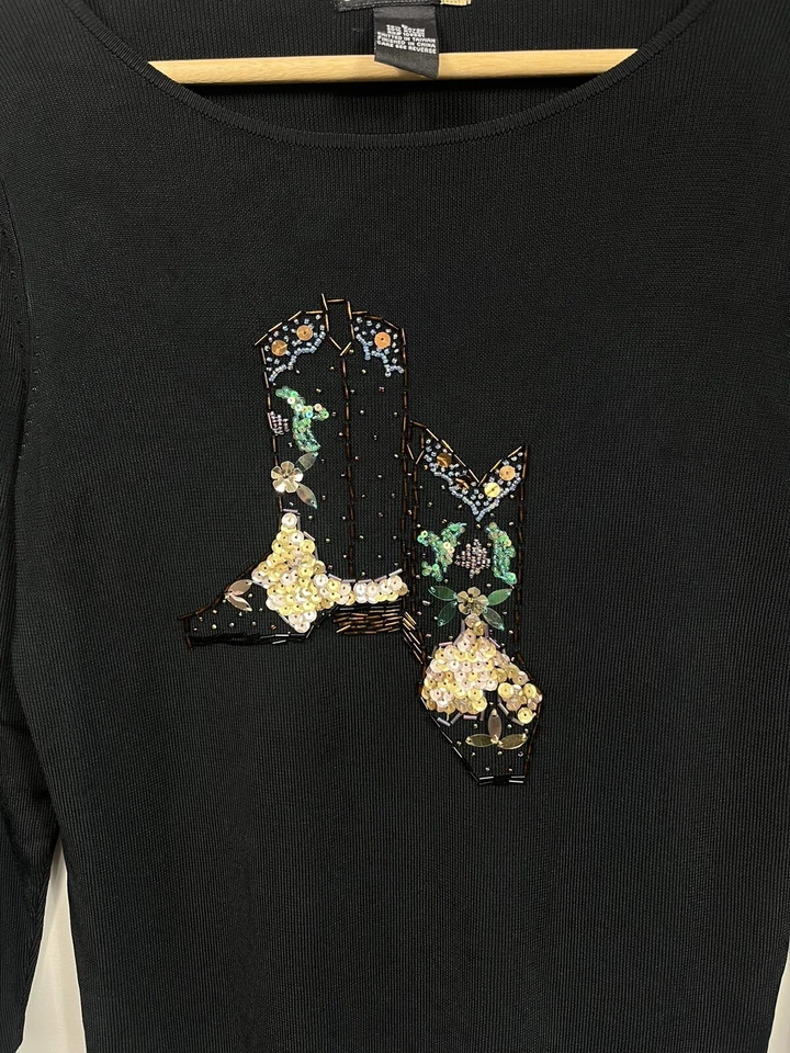 Свитер женский Sweaterworks черный с блестками рукав 3/4 ковбойский вестерн родео кантри - Изображение 2 из 4