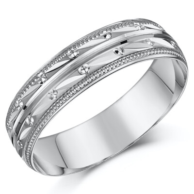 Ehering 4 mm-8 mm 9 kt Weißgold diamantgeschliffene Kreise & Perlenrand D-förmig