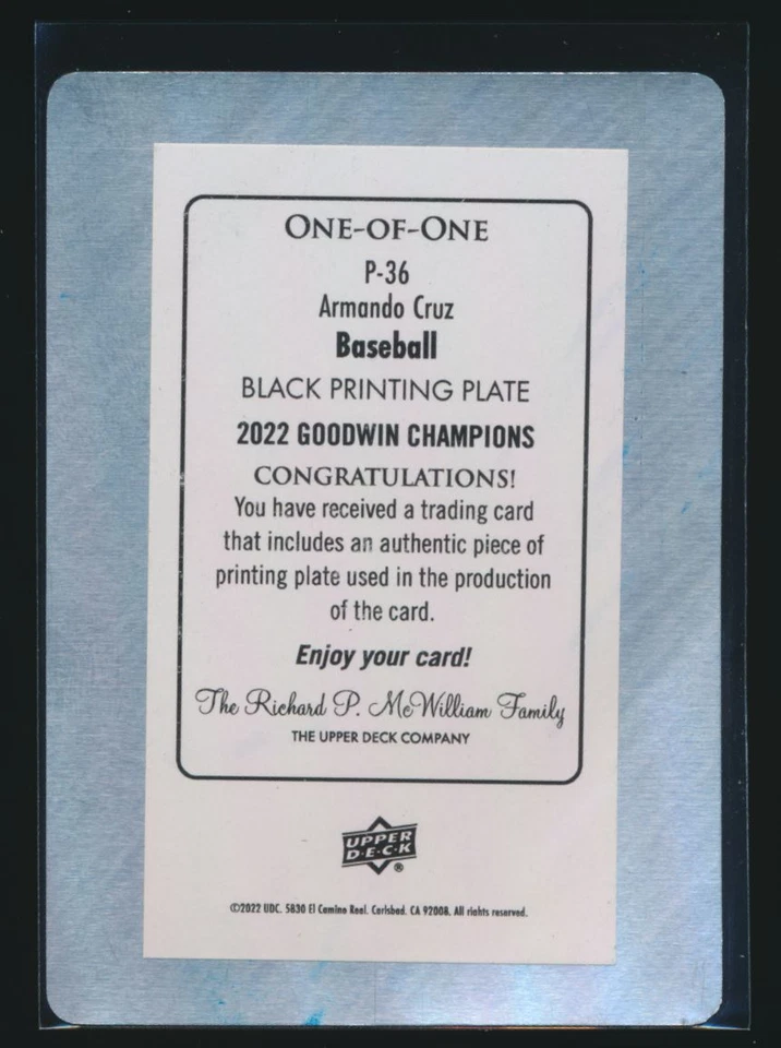 2022 Goodwin Champions Portrait Printing Plate Black #P-36 Armando Cruz RC 1/1 - Image 2 of 2