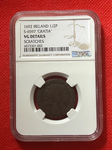 1692 IRELAND 1/2 PENNY S-6597 GRATIA NGC VG DETAILS SCRATCHES