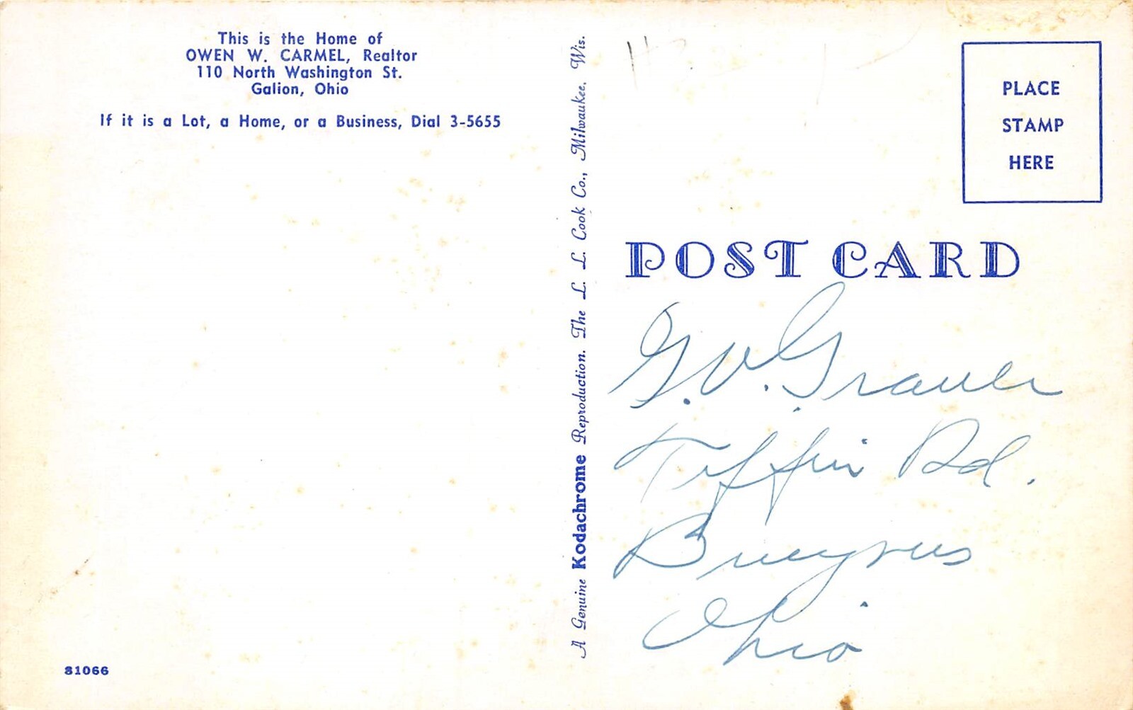 Galion Ohio 1960s Postcard Home of Owen W. Carmel Realtor Lawn Jockey