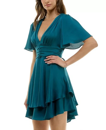 B Darlin Juniors' Flutter-Sleeve Layered-Hem Dress- Dark Teal, Size 7/8 - Picture 3 of 4