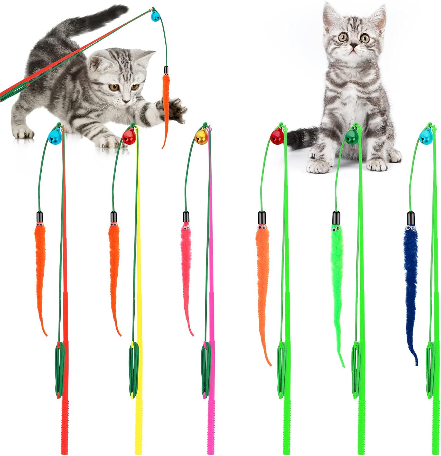 Cobee Cat Feather Toys, 6 Pcs Cat Feather Wands Interactive Worm Teaser Toy for