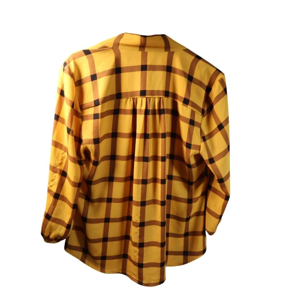 New York & Company Blouse Yellow & Brown Plaid Tie-V-Neck 3/4 Sleeve Size M - Image 2 of 4