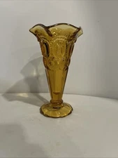 LE Smith Moon and Stars Amber Glass 6.25" Trumpet Bud Vase Vintage Mcm