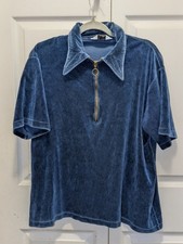 VTG 70s Penneys Towncraft Blue Velour Half Zip Shirt Size Large 44-46 