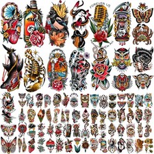 77 hojas de tatuajes temporales vintage,tatuajes de medio brazo la vieja escuela