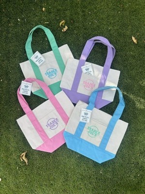 Trader Joe s Mini Pastel Canvas Tote Bags Set of 4 Blue Pink Purple Green NEW