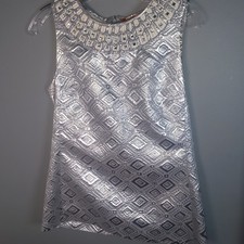 Tory Burch Womens Sleeveless Reflective Silver Top With Beaded Neckline Size 8