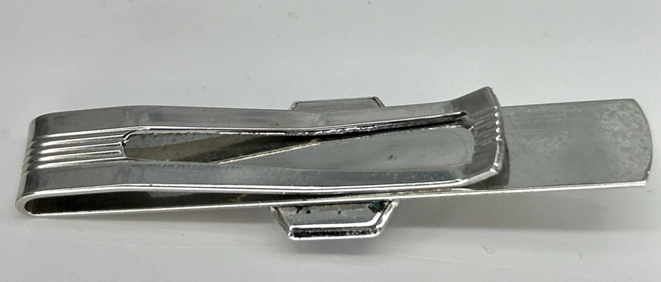 Clip de corbata de vidrio azul vintage metal tono plata usado Foto 2 de 4