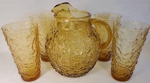 Vintage 1960s Anchor Hocking Amber Lido Milano Honey Gold Pitcher and 4 Tumblers